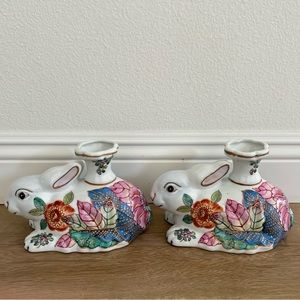 Antique 1900’s China Qing Dynasty Rabbit Candle Holders‎ Marked “Hua Rong Tang”